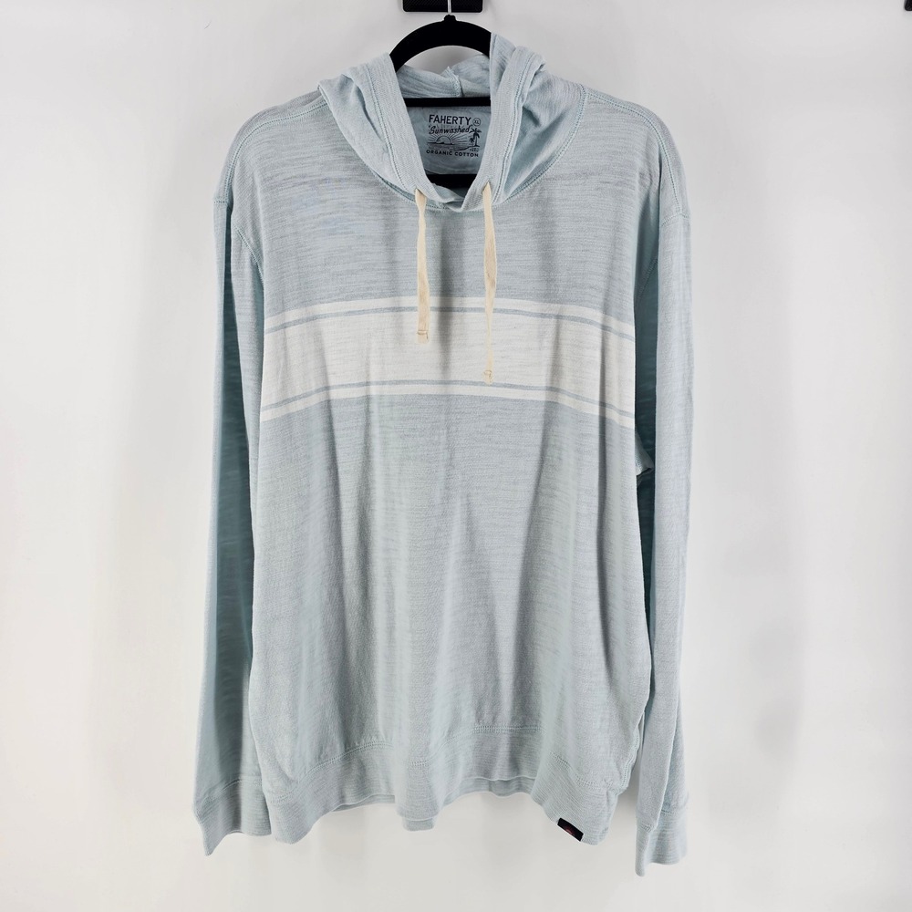 Faherty Sunwashed Hoodie Mens XL Blue Organic Cotton Slub Stripe Beach Coastal